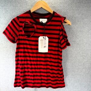 Current Elliott The Britain T-Shirt Womens Size 0 Haute Red Charcoal Stripe Crew